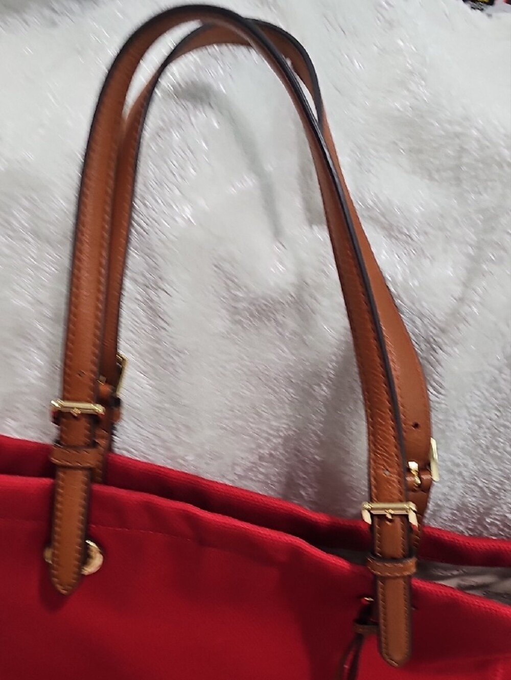 Michael Kors Red Canvas Tote with Brown Leather Handles and Gold MK Charm - Picture 16 of 17